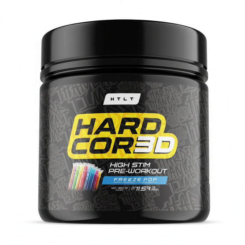 Black container of HTLT Hard Core 3D pre-workout supplement on a white background