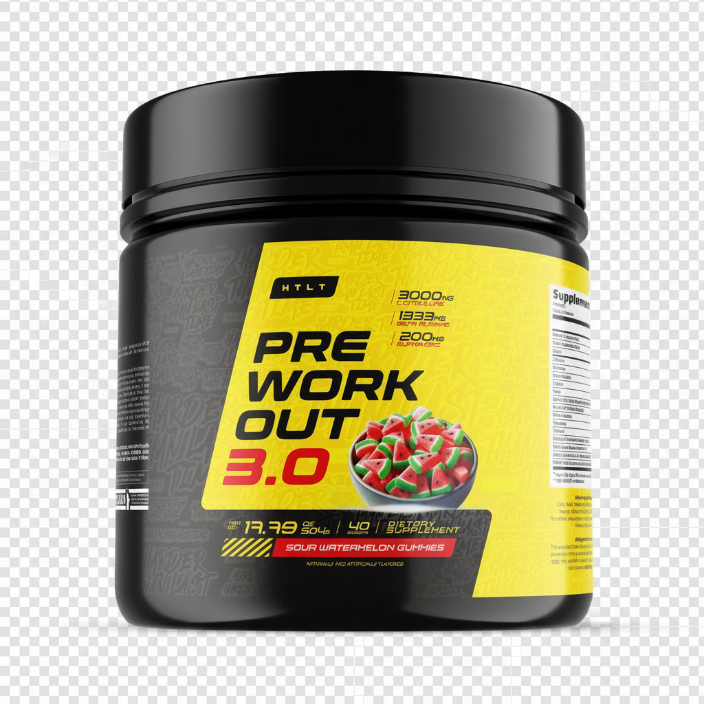 Pre-workout supplement container with yellow label on a white background